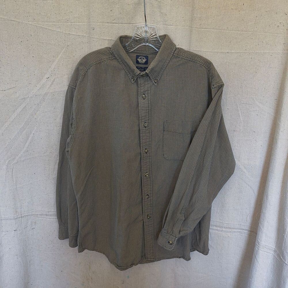 Dockers Men's Large Micro Plaid Tan And Navy Button-Down Long Sleeve Shirt